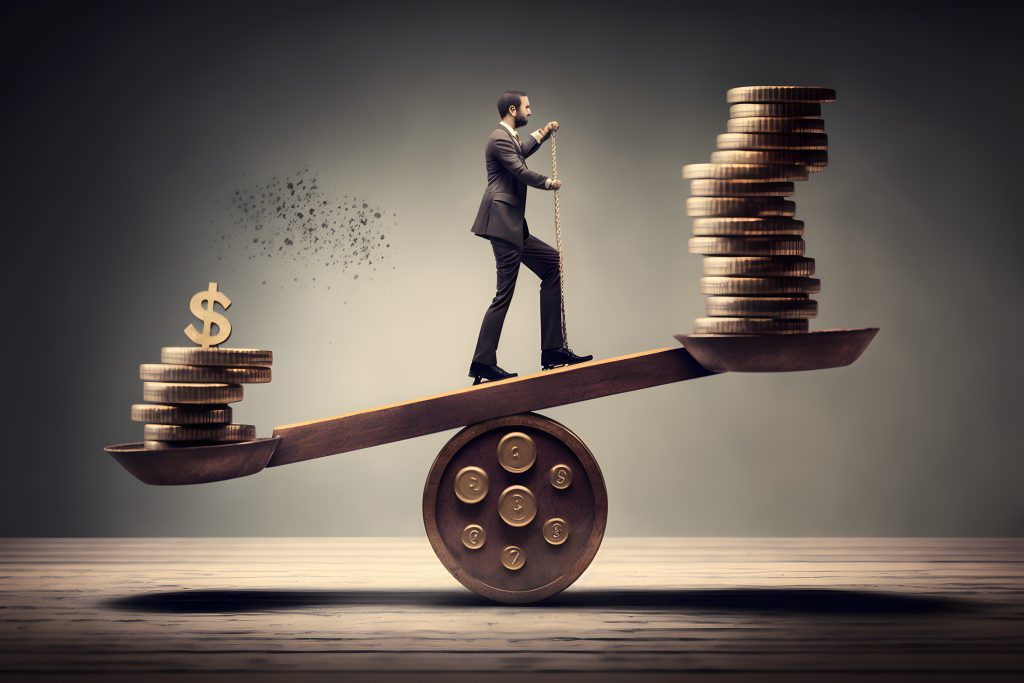 A businessperson adeptly balances stacked coins on a seesaw